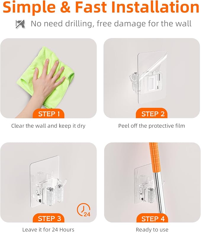 Batur Broom Holder Wall Mount, 4 Pack New Version Adhesive Mop and Broom Holder Wall Mount, Super Anti-Slip Broom Hanger Mop Organizer Wall Hanging for Bathroom, Kitchen, Laundry Room