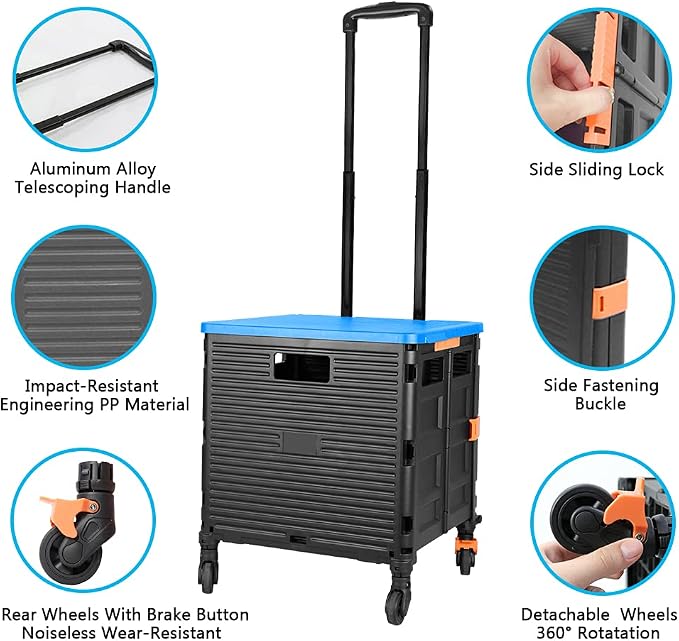FELICON SELORSS Foldable Utility Cart Folding Portable Rolling Crate-Blue | Heavy Duty,Telescoping Handle,4 Rotate Wheels,Collapsible Handcart for Travel Shop Move Luggage Laundry Teacher Office Use