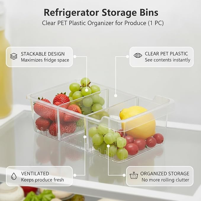 Clear PET Refrigerator Storage Bins - Stackable Produce Organizer for Fridge Drawers & Shelves, Durable Food Container (1 Pack)