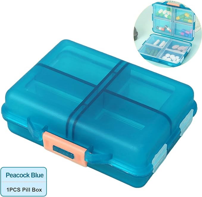 Daily Travel Pill Case Organizer, Small 8 Compartment Medicine Box | Pill Dispenser, Compact Purse Portable Pill Reminder Perfect for Storage Vitamin, Fish Oil, Calcium Tablet, Peacock Blue