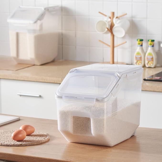 10 Liter / 20 lbs Rice Storage Container with Measuring Cup, BPA free, For Rice | Grain | Pet Food | Flour, 1 count, Clear