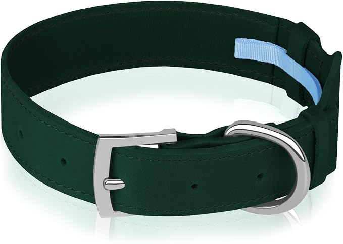 Leather Dog Collar with Airtag Holder - Apple Air Tag Dog Collars - Soft Tracking GPS Pet Collar for Small Medium Large Dogs Breed Puppy (Green, XL, 19"-24" Neck Fit)