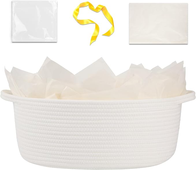OIAHOMY Gift Basket with Handle, 15.4"x 11.4"x 6.7" Woven Basket with Gift Bag, Ribbon and Wrap Tissue Paper, Nursery Bins Empty to Fill with Towels, Baby, Pet Toy Organizer - White