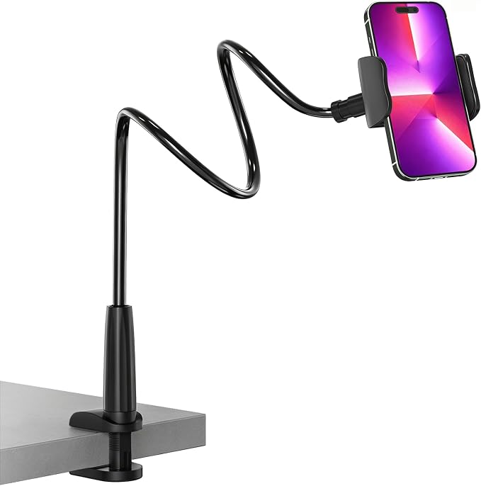 Gooseneck Phone Holder for Bed, Flexible Overhead Cell Phone Mount for Desk, Hands-Free Viewing Clamp Stand Compatible with iPhone 17 16 15 Pro Max and 3.5-7" Devices