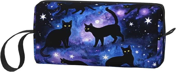 Black Cats Galaxy Stars Makeup Bag for Women with Wrist Strap | Durable 600D Oxford Fabric Cosmetic Organizer,Compact Travel Pouch with Handle for Gym & Daily Use
