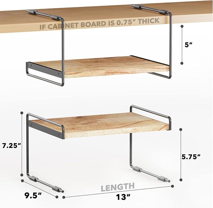 SpaceAid Cabinet Shelf Organizers 2 Pack, Kitchen Counter Organizer Rack Under Shelves Riser, Pantry Cupboard Storage Organization, Metal and Wood, Black and Natural, 13" Wide
