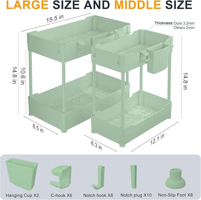 2-Pack Under Sink Organizer with Hooks & Hanging Cup for Kitchen | Multi-use kitchen & bathroom storage, 14.8 inch green cabinet organizer, with hooks and hanging cup for easy access.