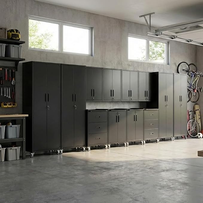 12-Piece Heavy Duty Steel Garage Cabinet System | All-in-One Modular Garage Cabinet Set for Ultimate Workshop Organization | Easy Assembly Garage Storage Cabinets & Tool Bench (Black)