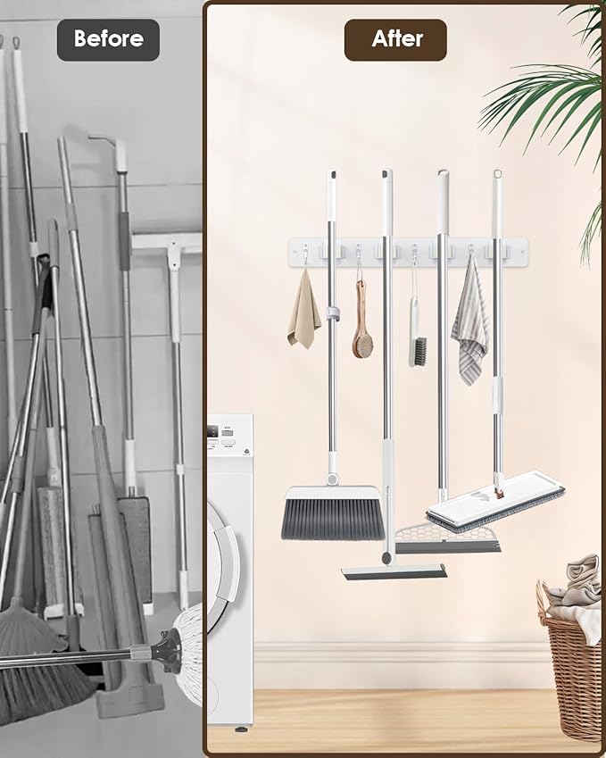 Broom Holder Wall Mounted, 2 Pack White 4 Holders and 4 Hooks Mop Holder, Wooden Mop and Broom Holder with Anti slip rubber, Natural pine wood Brush Holder, Mop Wall Holder with Nail installation | Mop Holder Wall Mount and Broom Hanger for Garage, Lau...