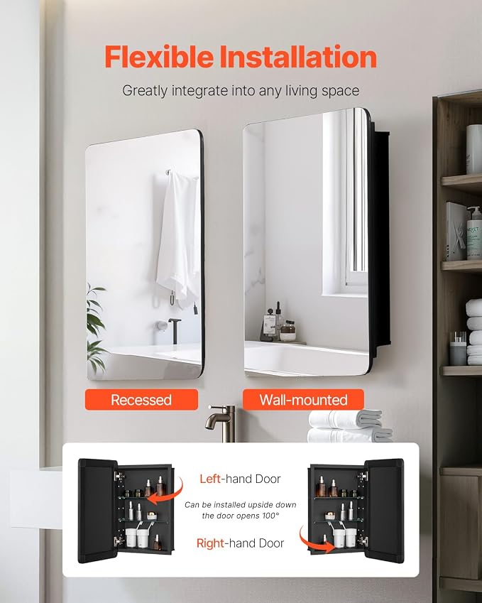 VEVOR Medicine Cabinet, 16 x 24 inch, Medicine Cabinet for Bathroom with Mirror, Aluminum Frame Bathroom Wall Cabinet, 2-Layer Adjustable Shelves, Recessed & Wall-Mounted Installation