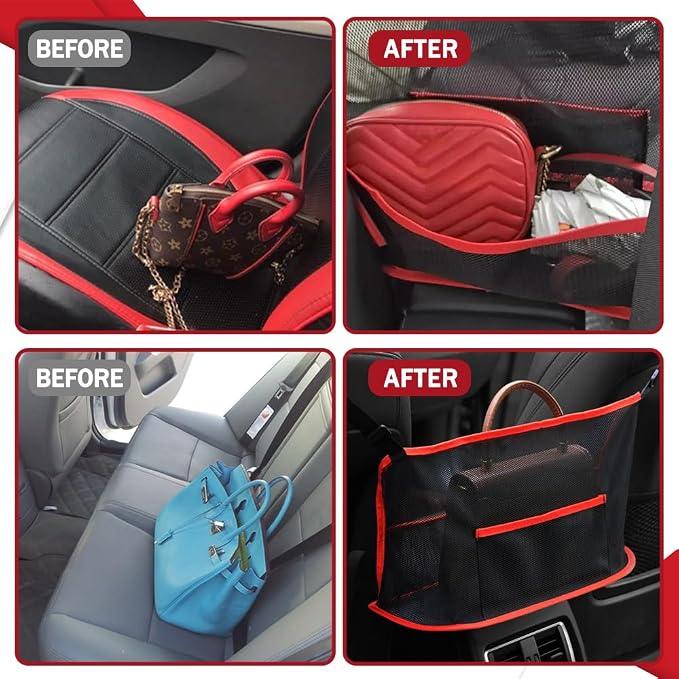 Car Net Pocket Handbag Holder, Auto Net Pocket Purse Holder Between Front Seats Car Storage Organizer, Universal Interior Accessories Barrier of Backseat Pet Kids (Black Red)