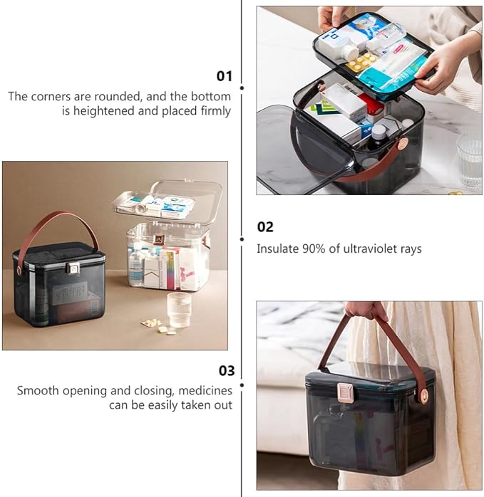 Yardwe Large Dual-layer Medicine Box for Home Desktop Storage Organizer | Large Capacity, Easy Replenishment, Safety Lock, Pp Pet Pu Materials, Organize and Categorize Household Medicines