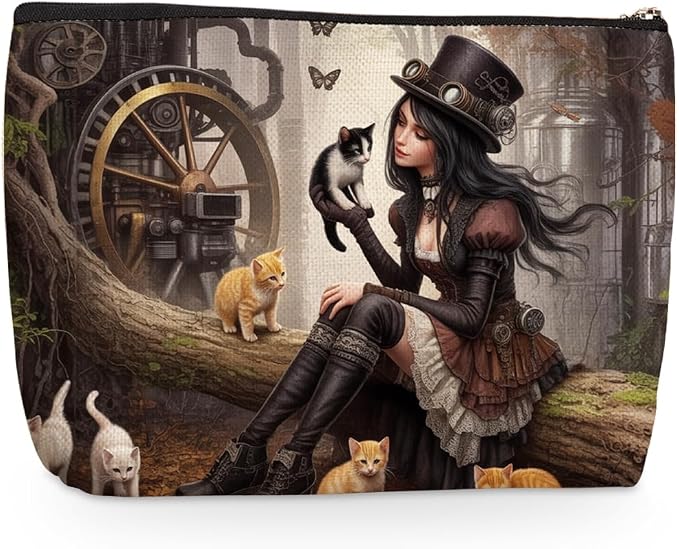 Steampunk Makeup Bag, Cat Lover Travel Makeup Case Cosmetic Bags for Women | Cats Portable Pouch Purse Travel Essentials Toiletries Accessories, Christmas Birthday Gifts for Women