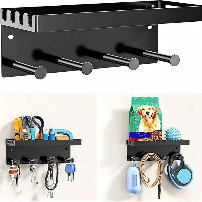 YWHWXB No Drill Dog Leash Holder Wall Mount, Pet Hooks & Shelf (Black) | Heavy-duty metal structure All-in-one entryway organizer Multi-scenario use Hassle-free setup & care