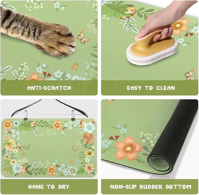Dog Food Mats for Floors Waterproof, Pet Water Bowl Mats Pet Feeding Absorbent Placemats Flower 16 * 24 inch