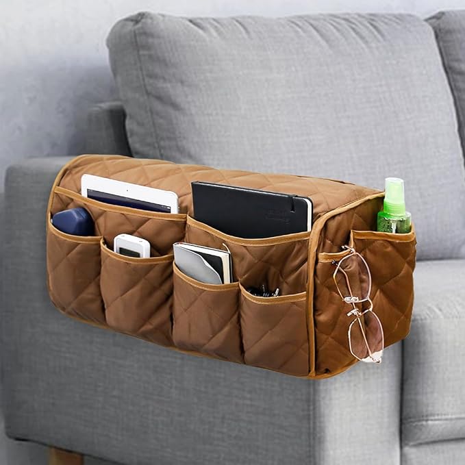 Remote Control Holder for Armchair, Armchair Caddy TV Remote Holder for Recline 14 Pockets, Non-Slip Remote Caddy Couch Caddy Organizer for TV Remote, Phone, Magazine (Brown)