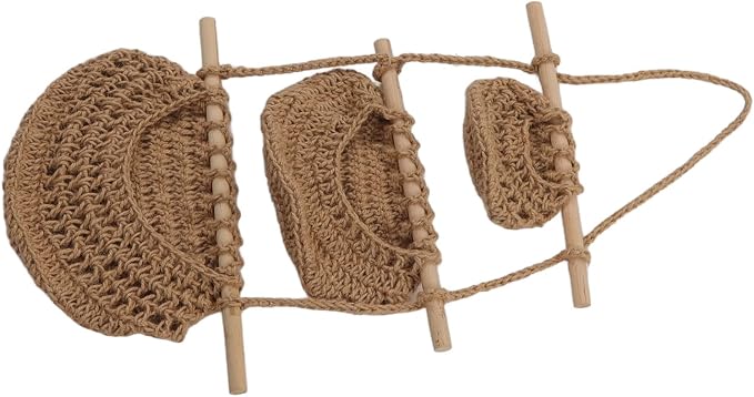 3 Tier Hanging Fruit Basket, Wall Mounted Hemp Rope and Wood Organizer, Handcrafted Over The Door Storage for Toys Pet Plush Dolls Kitchen Bathroom Living Room