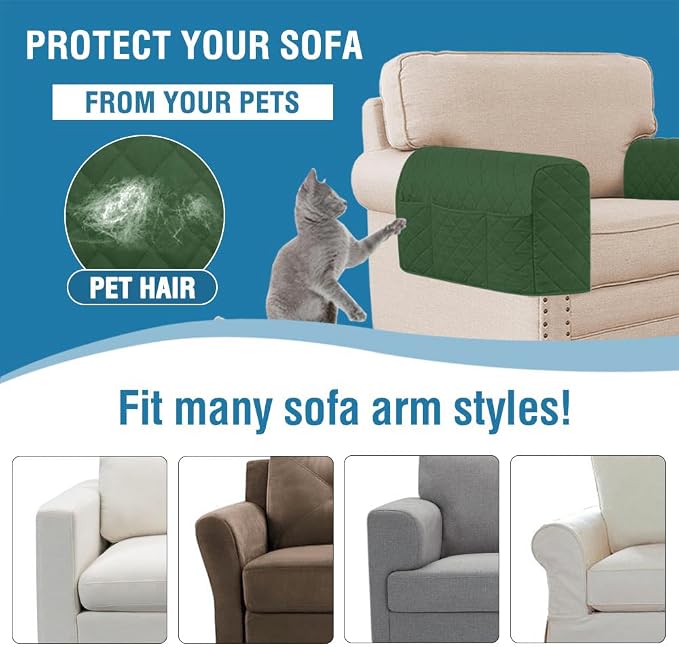 2 Pack Water Resistant Armrest Covers for Chairs and Sofas Couch Arm Covers for Sofa with 3 Pockets for Phone Sofa Arm Protector for Pets, Cats (Avocado Green)