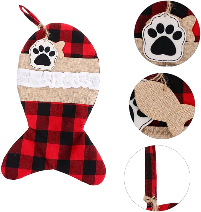 SOIMISS Christmas Pet Stockings Pouch Bag Black Red Plaid Candy Bag Holiday Present Storage for Pets and Dogs Holiday Decoration