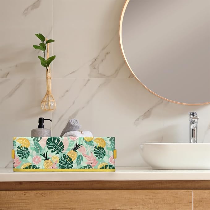 Lemon Pineapple Summer Bathroom Storage Basket, Foldable with Handle Open Countertop Paper Towel Decorative Box, Toilet Tank Top Shelf Baskets for Home Closet Bedroom Living Room Office