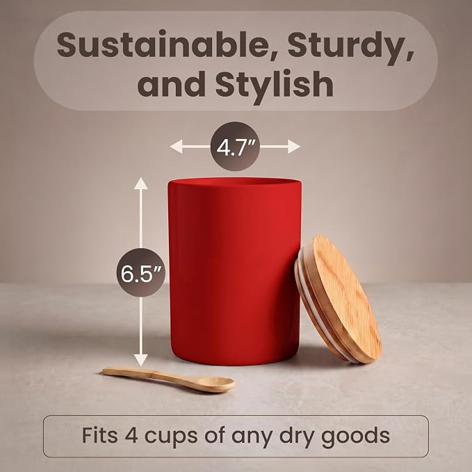 Arthausen Red Ceramic Storage Jar Canister for Flour Sugar - Airtight Bamboo Lid w/Silicone Seal, Spoon - Modern Abstract Art Design for Kitchen Counter Bathroom - 4 cup / 1080mL