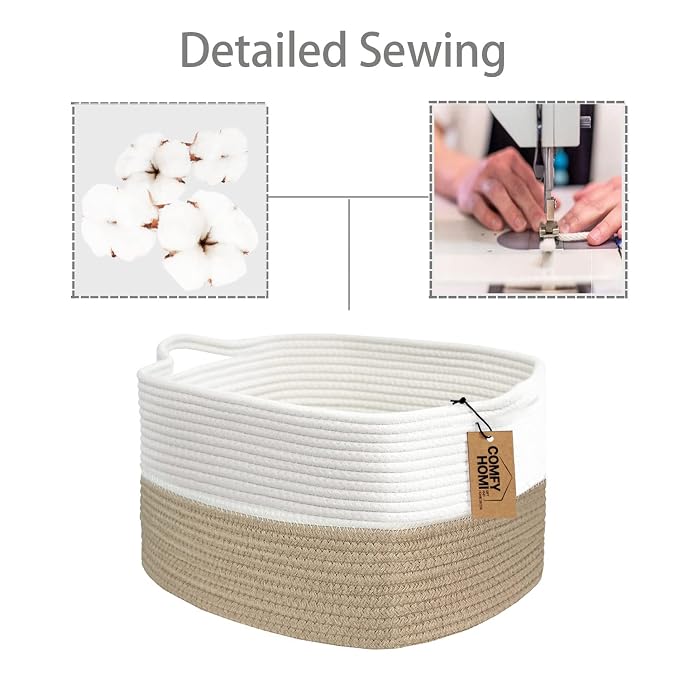 COMFY-HOMI Cotton Rope Woven Basket with Handles for Shelves,Toys,Book, Cloth Storage Baskets Bin for Organizing- 1 PCSToy Decorative Organizer for Living Room, Bathroom
