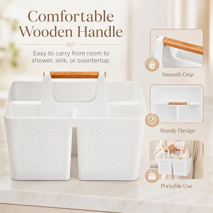 Haundry Plastic White Shower Caddy Basket with 3 Compartments, Portable Divided Bathroom Cleaning Caddy Organizer Storage Tote with Handle for Dorm, College, Room Essentials