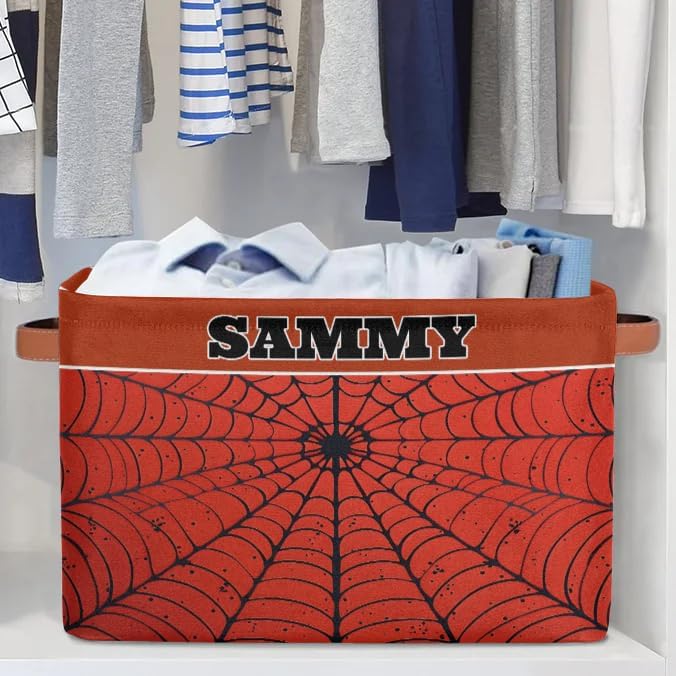 Custom Storage Basket, Personalized Name Rectangle Organizer Bin Spider Web Red Black for Pet/Children Toys, Books, Clothes, Perfect for Rooms/Playroom