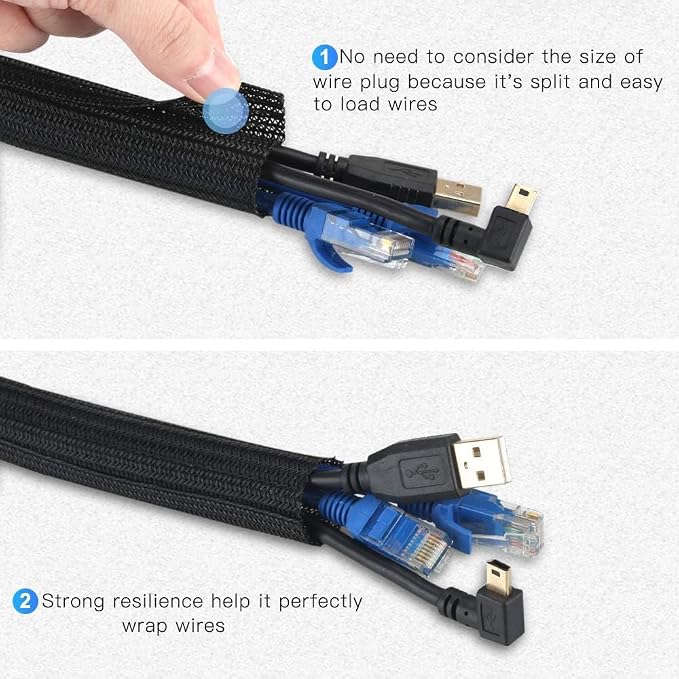 AGPTEK Cable Sleeve, 6.6ft - 2/3 inch Cable Management Cord Hider, Black | Desk Cord Cover Organizer Wire Hider for Office Computer TV Wire Loom Tubing Pet-Proof Cord Protector from Cat Dog Chewing