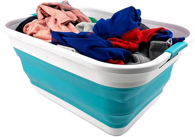 SAMMART 41L (10.8 gallon) Collapsible Plastic Laundry Basket - Foldable Pop Up Storage Container/Organizer - Portable Washing Tub - Space Saving (Rectangular, Ceramic Blue+Pale Purple (Set of 2))