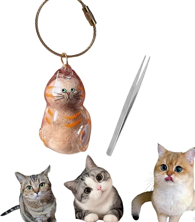 Cute Cat Hair Keychain Transparent Pet Fur Keepsake with Tweezer | Portable Cat Fur Keychain DIY Pet Hair Memorial Keepsake Cats Hairs Collector Charm Storage Box, Cats Lover Collecting Gifts