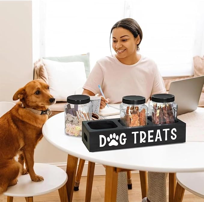 Pet Food Storage Canister with 3 Jars for Kitchen Countertop | Works as dog treat container, ideal for puppy use, sleek black appearance for home kitchen storage