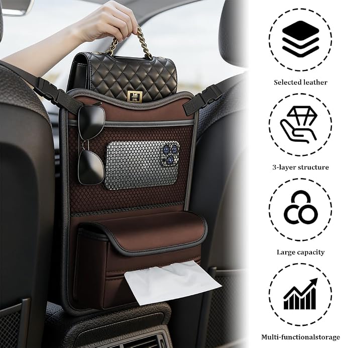 Car Organizer Storage Between Seats, Car Purse Holder, Nappa Leather Front Seat Storage Bag with Tissue Holder, Large Capacity Auto Console Organizer for Document Phone Wallet Snack (Brown)