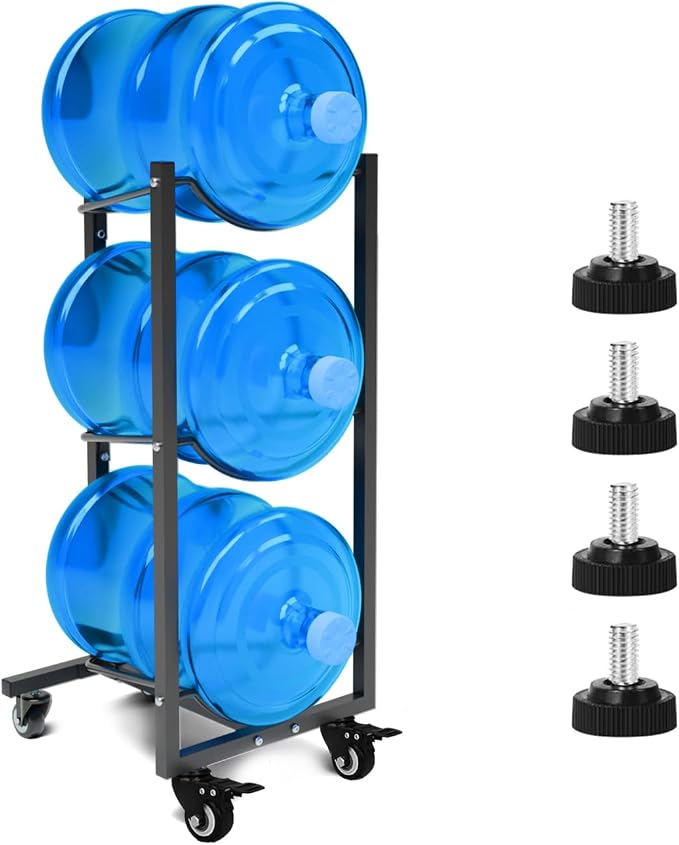 5 Gallon Water Jug Holder with Wheels: 5 Gal Water Bottle Storage Rack Stand for Home Kitchen Office Gym Garage (3 tier)