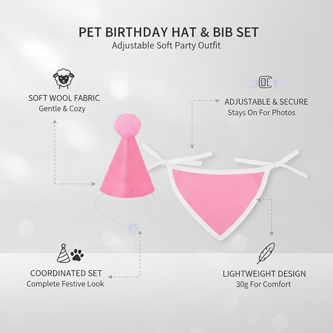 Adjustable Dog Birthday Hat and Bib Set, Soft Pet Costume Accessory for Small to Medium Dogs