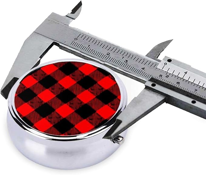 Pocket Medicine Case, Red Black Buffalo Check Plaid Pattern Round Small Organizer, Waterproof Pill Box for Vitamins, Travel Holder Purse Carry for Commute