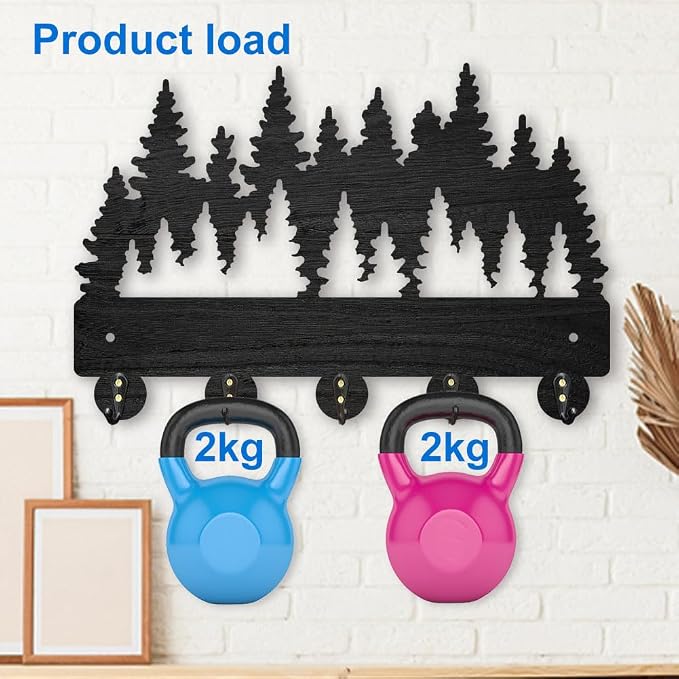 MAYJOYDIY Forest Coat Rack Wall Mount - 11.8x7.9 inch Wood Dense Forest Tree Wall Art Decor Key Holder 5 Alloy Hooks Black Hook Rack for Entryway, Living Room, Bedroom - Gift
