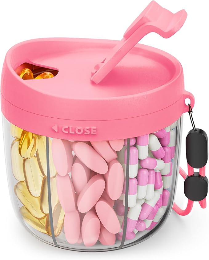 AMOOS Cute Pill Dispenser with Anti-Mix Design, 7-Slot, BPA-Free, Patented | Portable Pill Organizer, Wide Mouth for Easy Access, Pill Bottle Organizer for Vitamins, Fish Oils, Supplements, Hot Pink