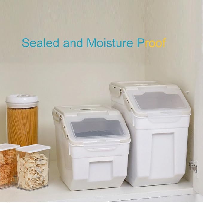 25LB Large Flour Storage Container Bin ,2 Pack Airtight Plastic with Wheels Seal Locking Lid Dispenser Organizer Storage Bin with Measuring Cup & Scoop for Flour, Rice, Grain 50LBS Total