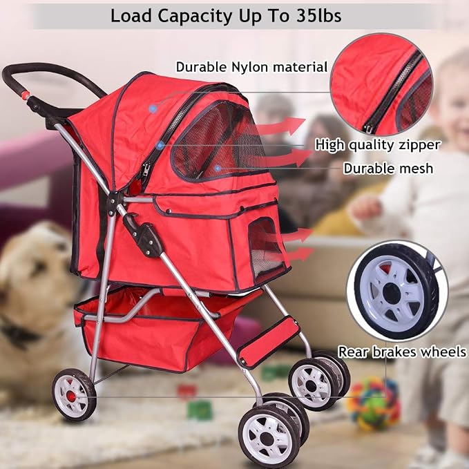 Dog Stroller Pet Stroller Cat Strollers Jogger Foldable Travel Carrier 35Lbs Capacity Doggie Cage Durable 4 Wheels Strolling Cart with Cup Holders and Removable Liner for Small-Medium Dog, Cat - Red