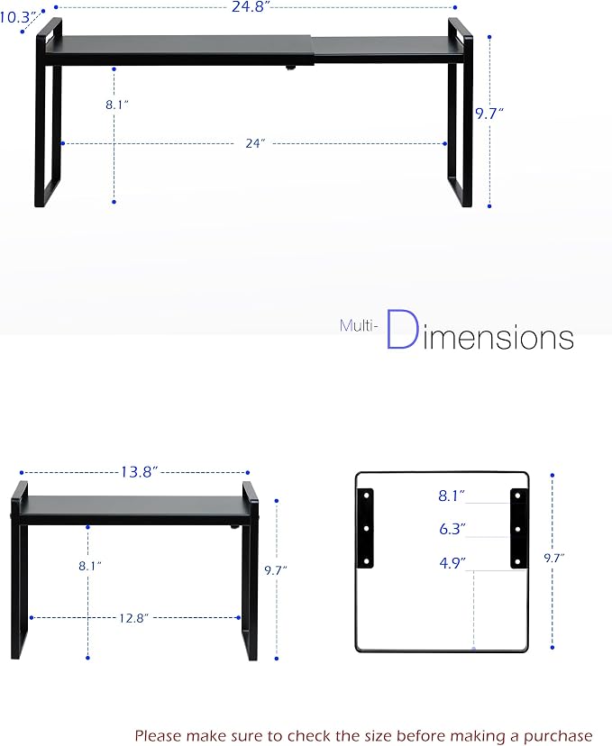Nxconsu Cabinet Shelf Riser, Adjustable Cabinet Organizer, 10.3" Deep Black | Heavy-Duty Metal Expandable Shelf Holds 50 lb with 3 Height Levels for Kitchen Cabinet Cupboard Pantry Dish Mug