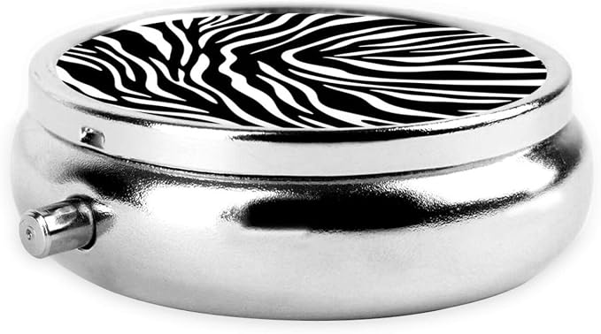Compact Pill Box, Zebra Stripe Round Waterproof Case, Travel Organizer for Supplements, Purse Pocket Container for Daily Office Use