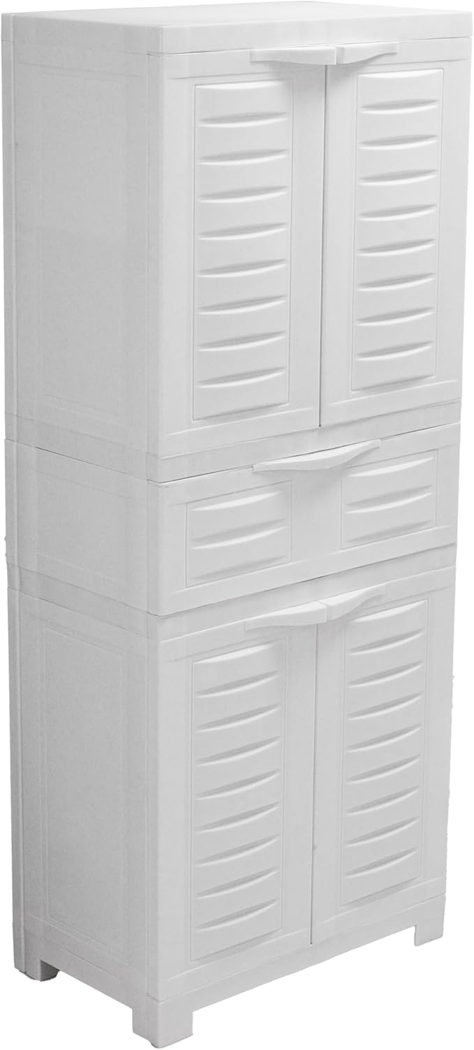 Sunnydaze 57" Garage Storage Cabinet with Doors & Shelves, Speckled White | Heavy Duty Resin Storage Cabinet Resists Rust & Peeling, Utility Cabinet with Drawer & Anti-Tip Kit for Laundry, Office