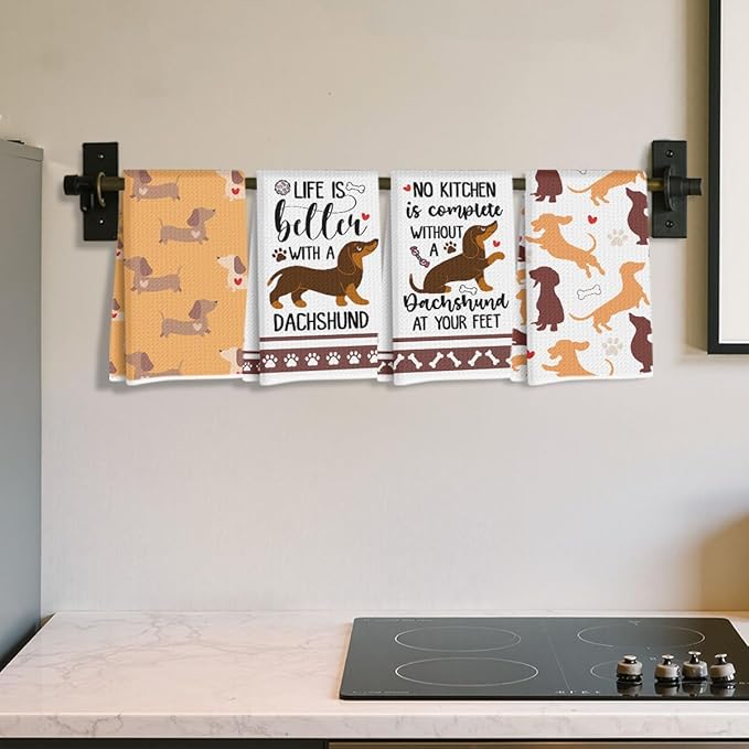 4 Pcs Funny Dachshund Kitchen Towels 24x14 Inch, Dachshund Gifts Reusable Dish Towels for Kitchen Bathroom Decor, Waffle Weave Hand Cloth Tea Towel, Cute Weiner Dog Gifts for Women Mom Friend