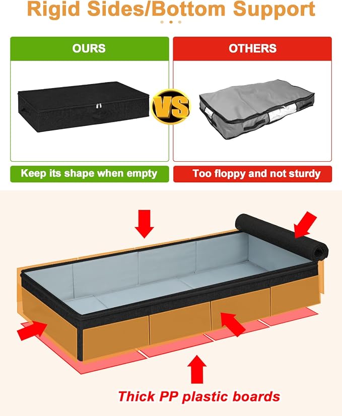 punemi 50L Under Bed Storage Container with Zipper Lid, 3Pack, Black | Sturdy Sides and Bottom wieh Ultra-Thick Fabric and 3 Handles, Foldable Design, for Blanket & Shoe Storage, Clothes Organizer