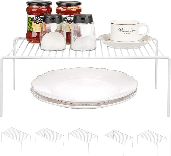 Kitchen Cabinet Shelf Organizer Set of 6, Medium (13 x 9.4 inch) Metal Wire Pantry Storage Shelves, Dish Plate Racks for Cabinets, Freezer, Counter, Cupboard Organizers and Storage, White