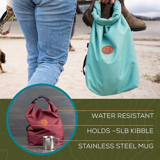 Wilderdog Doggie Bag - Water Resistant, Portable Kibble Carrier & Stainless Steel Mug - Seafoam