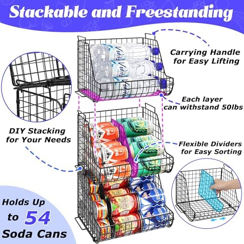 Stacking Can Dispensers 3 Tier with 3 Divider, Large Pantry Can Organizer, Beverage Drink Pop Soda Can Storage Basket, Can Holders for Pantry, Canned Food Rack Wire Bins for Kitchen Cabinet (3-Pack)