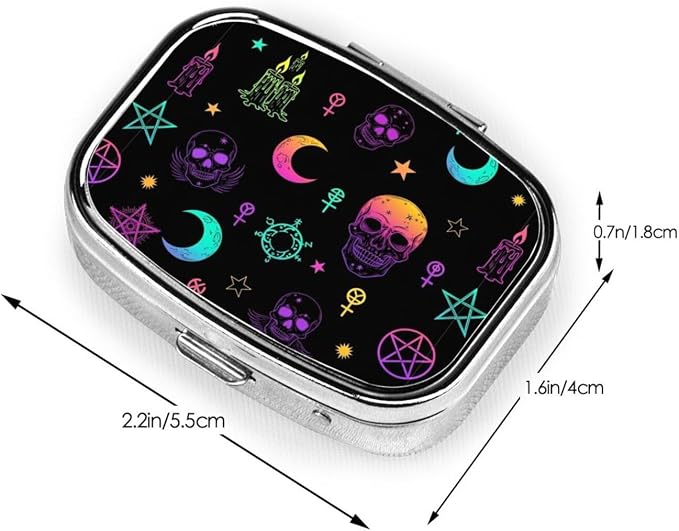 Travel Pill Case Organizer Pocket-Sized Vitamin Holder Fish Oil Container Men Women On-The-Go, Witch Frogs Goth Moon Skull Mushroom