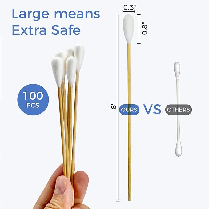 GOLD HONEY 6 Inch Large Cotton Swabs, 100PCS Dog Ear Swabs with Bamboo Handle for Dogs, Pet-Specific, Gentle Design, Lint-Free, Pet Cotton Stick Ear Cleaning